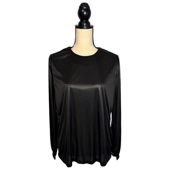 Vintage Village Fair Black Shiny Stretch Blouse Women's Size Medium Made in USA - Picture 2 of 7